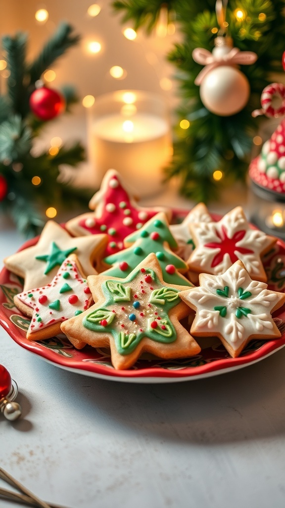 Decorative Christmas sugar cookies shaped like stars and trees, with colorful icing and sprinkles on a festive plate.